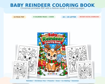 Libro para colorear de renos bebés en PDF imprimible, páginas para colorear de Navidad para niños, tamaños A4 y carta estadounidense.