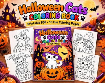 Libro para colorear de gatos de Halloween para niños, 10 páginas imprimibles, PDF en formato A4 y Carta estadounidense.
