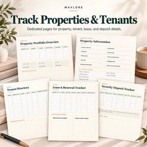 May include: A set of five printed property management forms featuring the text Track Properties & Tenants. The pages include a Property Portfolio Overview, Property Information, Tenant Directory, Lease & Renewal Tracker, and Security Deposit Tracker.