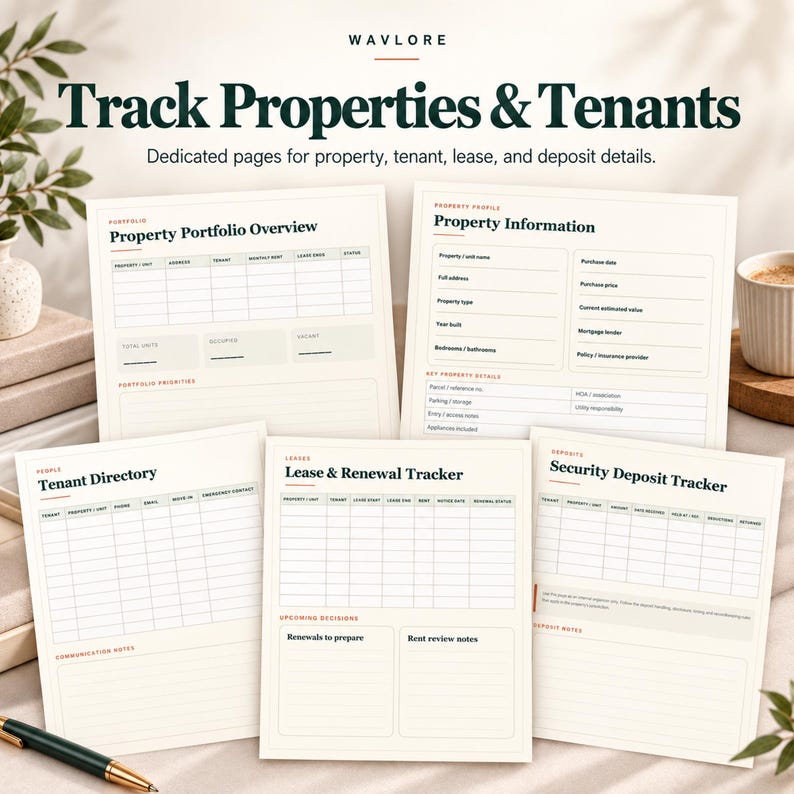 May include: A set of five printed property management forms featuring the text Track Properties & Tenants. The pages include a Property Portfolio Overview, Property Information, Tenant Directory, Lease & Renewal Tracker, and Security Deposit Tracker.