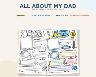 Todo sobre mi papá (imprimible), hoja de trabajo del Día del Padre, cuestionario para papá, actividad para colorear, descarga instantánea.