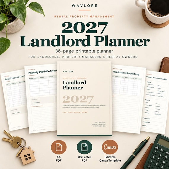 2027 Landlord Planner Printable PDF, Rental Property Management, Rent & Expense Tracker, Editable Canva Template