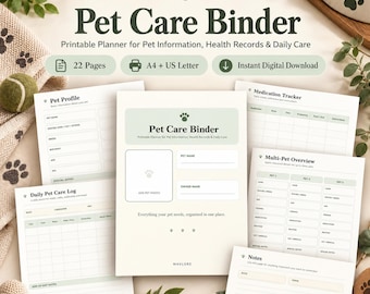 Carpeta imprimible en PDF para historial médico de mascotas: medicamentos, vacunas, registro de visitas al veterinario, tamaño carta estadounidense A4.