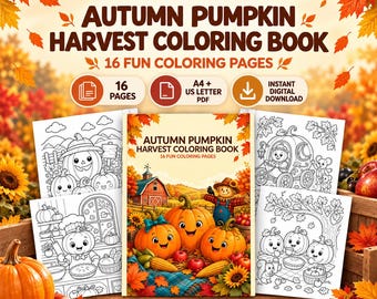 Libro para colorear de calabazas de otoño, 16 páginas de la cosecha de otoño, PDF imprimible, A4 y tamaño carta estadounidense.