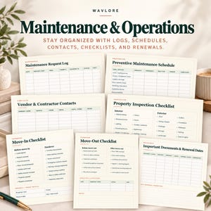 May include: A collection of printed property management forms including a Maintenance Request Log, Preventive Maintenance Schedule, Vendor & Contractor Contacts, Property Inspection Checklist, Move-In Checklist, Move-Out Checklist, and Important Documents & Renewal Dates.