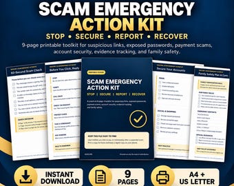 Kit de acción de emergencia contra estafas (imprimible), lista de verificación de seguridad contra el phishing, guía de recuperación de fraudes (PDF).
