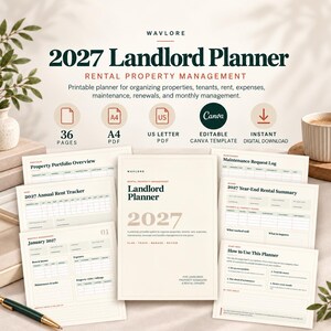 May include: A 2027 Landlord Planner digital template for rental property management. The set includes 36 pages with sections for property portfolios, annual rent tracking, maintenance logs, and monthly management, available as A4 and US Letter PDFs.