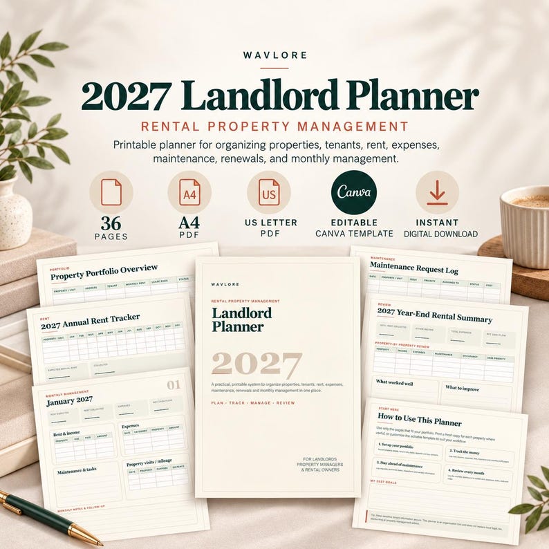 May include: A 2027 Landlord Planner digital template for rental property management. The set includes 36 pages with sections for property portfolios, annual rent tracking, maintenance logs, and monthly management, available as A4 and US Letter PDFs.