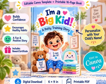 Libro de cuentos personalizado para el aprendizaje del control de esfínteres para niños pequeños, plantilla editable de Canva, libro infantil imprimible, descarga digital.