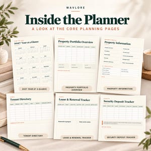 May include: A collection of six cream-colored planning pages titled Inside the Planner, featuring a 2027 Year at a Glance, Property Portfolio Overview, Property Information, Tenant Directory, Lease & Renewal Tracker, and Security Deposit Tracker.