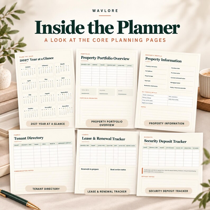 May include: A collection of six cream-colored planning pages titled Inside the Planner, featuring a 2027 Year at a Glance, Property Portfolio Overview, Property Information, Tenant Directory, Lease & Renewal Tracker, and Security Deposit Tracker.
