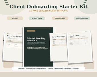 Plantilla de incorporación de clientes, paquete de bienvenida de Canva para coaches, consultores, asistentes virtuales y autónomos.