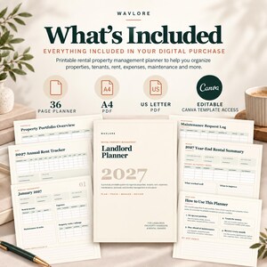 May include: A digital rental property management planner titled 2027 Landlord Planner, featuring 36 pages in A4 and US Letter PDF formats. Includes templates for property portfolios, rent tracking, maintenance logs, and annual summaries, with Canva access.
