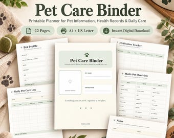 Carpeta imprimible para el cuidado de mascotas en PDF: registros de salud, seguimiento de medicamentos, horario de alimentación, tamaños A4 y carta estadounidense.