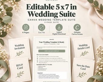 Sage Green Wedding Invitation Template, Editable Canva Suite, RSVP, Details Card, Save the Date