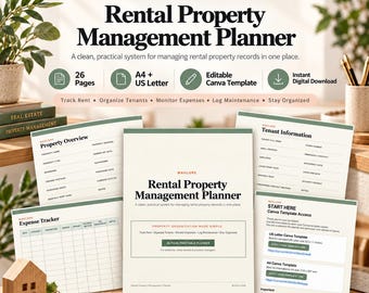 Rental Property Planner, Landlord Organizer, Rent Tracker, Editable Canva Template, A4 US Letter PDFs