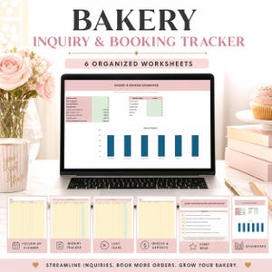 May include: A digital bakery inquiry and booking tracker displayed on a laptop screen, featuring six organized worksheets including a dashboard, follow-up planner, inquiry tracker, lost leads, quotes and deposits, and a start here guide.