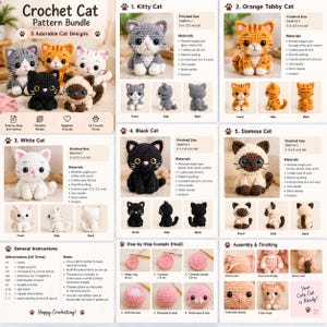 Peut inclure: Un ensemble de modèles de crochet pour cinq chats incluant un chat gris, un chat roux, un chat blanc, un chat noir et un siamois. Chaque section présente le jouet fini, la liste du matériel et les instructions de montage étape par étape.