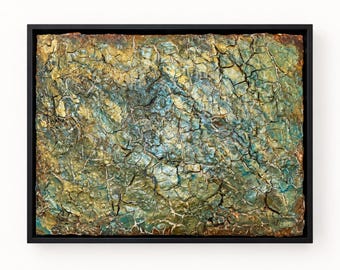 Santa Fe Creek  - Original Framed Mixed Media Painting, Gold and Turquoise Textured Art On Birch Wood