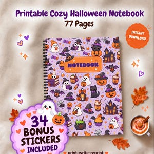 May include: A spiral-bound notebook with a light purple cover featuring a repeating pattern of Halloween icons including ghosts, pumpkins, black cats, and witch hats. The cover text reads Printable Cozy Halloween Notebook 77 Pages.