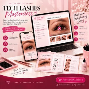 Op de afbeelding: Een online digitale cursus genaamd Tech Lashes Masterclass weergegeven op een laptop en smartphone, met instructievideo's, gedrukte studiegidsen, wimperextension-tools, pincetten en wimperlijm op een lichtroze ondergrond.