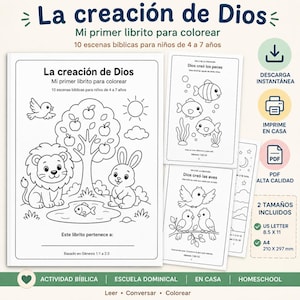 Op de afbeelding: Een digitaal kleurboek getiteld La creación de Dios met 10 bijbelse scènes voor kinderen. De omslag toont een leeuw, konijn, vis en boom. Inclusief PDF-bestanden in US Letter 8,5 x 11 inch en A4 210 x 297 mm formaten voor thuis printen.