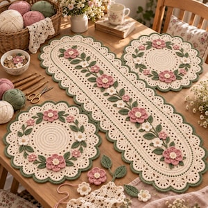 Könnte beinhalten: Ein cremefarbener Häkel-Tischläufer und zwei passende runde Platzdeckchen mit gewelltem Rand und einem dekorativen Blumenmuster aus rosa und weißen Blüten sowie grünen Blättern, präsentiert neben Garnknäueln und Häkelnadeln.