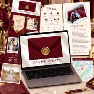 Puede incluir: Un ordenador portátil muestra una invitación de boda digital con un sobre rojo oscuro y un sello de cera dorado. Alrededor del portátil hay papelería de boda impresa, incluyendo una tarjeta de historia de amor y un mapa de ubicación.