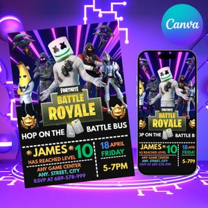 May include: A digital Fortnite Battle Royale birthday invitation featuring characters like Marshmello, Peely, and others. The text reads: James has reached level 10, 18 April Friday, 5-7PM, Any Game Center, Any Street, City, RSVP at 689-578-999.