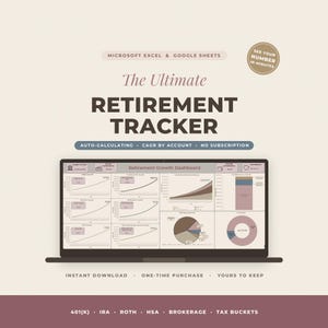 Könnte beinhalten: Eine digitale Renten-Tracker-Tabelle für Microsoft Excel und Google Sheets. Die Benutzeroberfläche zeigt ein Retirement Growth Dashboard mit verschiedenen Liniendiagrammen, einem Kreisdiagramm und einem Balkendiagramm. Text: The Ultimate RETIREMENT TRACKER.