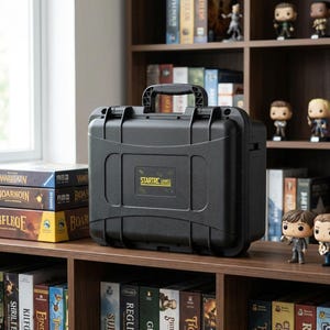 May include: A black, rectangular, hard-shell protective carrying case with a top handle and two secure latches. The center of the case features a rectangular label with the text "STARTRC GAMES" printed in yellow on a black background.