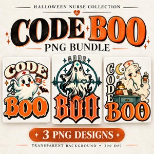 Puede incluir: Un conjunto gráfico digital titulado HALLOWEEN NURSE COLLECTION CODE BOO PNG BUNDLE con tres ilustraciones de fantasmas enfermeros con estetoscopios, tazas de café y calabazas, con el texto CODE BOO y 3 PNG DESIGNS.