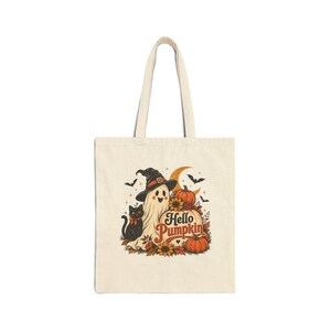 Hello Pumpkin ghost design Tote Bag | Halloween pumpkin cat illustration