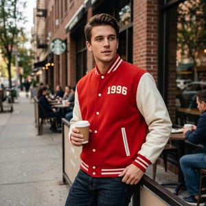 Puede incluir: Una chaqueta universitaria roja con mangas color crema, que presenta un cierre frontal de botones a presión blancos, cuello y puños de canalé a rayas, y el número 1996 bordado en blanco en el pecho izquierdo. La chaqueta incluye dos bolsillos laterales.
