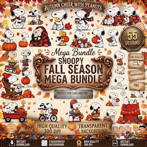 Op de afbeelding: Een digitale collectie van 55 illustraties van Snoopy en Peanuts-personages met een herfstthema. De afbeeldingen tonen Snoopy met pompoenen, koffie, fietsen en herfstbladeren. Tekst: Autumn Cheer With Peanuts en Snoopy Fall Season Mega Bundle.