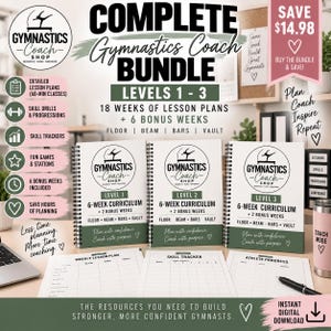 Puede incluir: Un paquete para entrenador de gimnasia con tres libros de plan de estudios encuadernados en espiral para los niveles 1-3, que cubren suelo, viga, barras y salto. Incluye planes de lecciones semanales impresos, rastreadores de habilidades y hojas de progreso.
