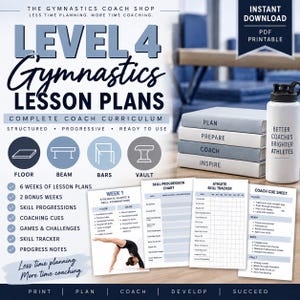 May include: A digital gymnastics lesson plan set for Level 4, featuring a curriculum guide, skill progression charts, athlete trackers, and coach cue sheets. The document includes icons for floor, beam, bars, and vault, with text detailing a six-week programme.