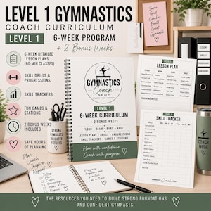 May include: A Level 1 gymnastics coach curriculum 6-week programme spiral-bound book with lesson plans, skill trackers, and bonus weeks. Includes printed lesson plan sheets, a skill tracker chart, a pen, and a mug with text on a desk surface.