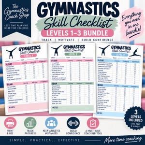May include: A gymnastics skill checklist bundle for levels 1-3, featuring three printed sheets with columns for tracking progress on floor and beam skills. The documents include sections for athlete and coach names, dates, and notes, with icons for printing and tracking.