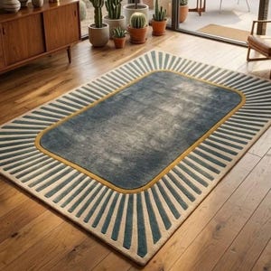 Slate Grey & Mustard Yellow Sunburst Area Rug, Cream Radiating Border Rectangular Tufted Wool Carpet, 5x8, Moss Heaven Rugs