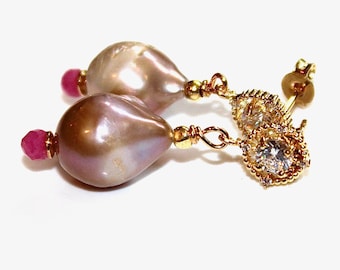 Natural Pearl Earring Pink Sapphire Earring Pondslime Pink Pearl Earring Pearl Jewelry Gift for Her Holiday Gift Pink Sapphire Jewelry
