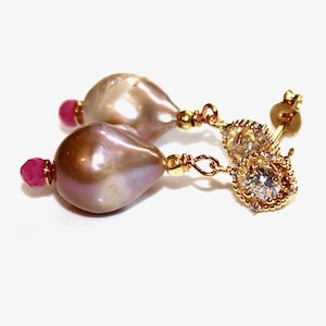 Natural Pearl Earring Pink Sapphire Earring Pondslime Pink Pearl Earring Pearl Jewelry Gift for Her Holiday Gift Pink Sapphire Jewelry