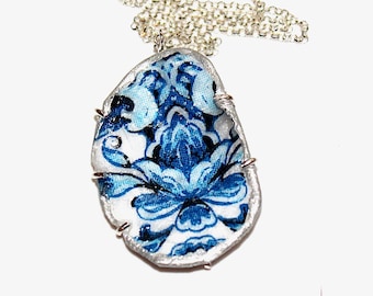 Oyster Shell Necklace, Decoupage Necklace, Coastal Style, Bridesmaids, Gift for Her, Blue Chinoiserie, Oyster Necklace