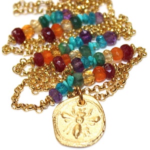 Bee Charm Necklace Chakra Necklace Multicolor Necklace Rainbow Necklace Stacking Necklace Charm Jewelry Beach Necklace Fun Trendy