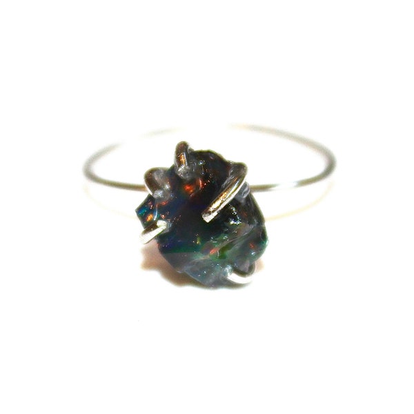 Tiny Raw Black Opal Ring Raw Stone Gift for Her Gift for Wife Gift for Girlfriend Gift for Women Valentines Gift Raw Opal Platinum Ring