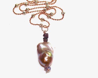 Baroque Pearl Necklace Raw Sapphire Necklace Baroque Necklace Pearl Jewelry Stacking Necklace Gift Rose Gold Necklace