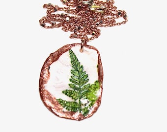 Oyster Shell Necklace, Decoupage Necklace, Green Fern Necklace, Rose Gold Necklace, Bridesmaids, Gift for Her, Oyster Necklace