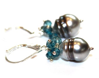 Grey Tahitian Pearl Earring Pearl Bridal Earring Wedding Earring London Blue Topaz Earring Bridesmaid Tahitian Earring Grey Pearl Earring