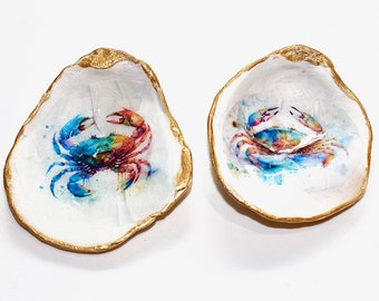 Oyster Shell Ring Dish, Decoupage Crab Jewelry Holder, Trinket Bowl Coastal Decor, Beach Wedding, Bridesmaid Hostess gifts, Maryland Crab