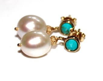 Pearl Drop Earring Classic Pearl Wedding Earring Turquoise Earring Pearl Bridesmaid White Pearl Something Blue Earring Large Pearl Earring